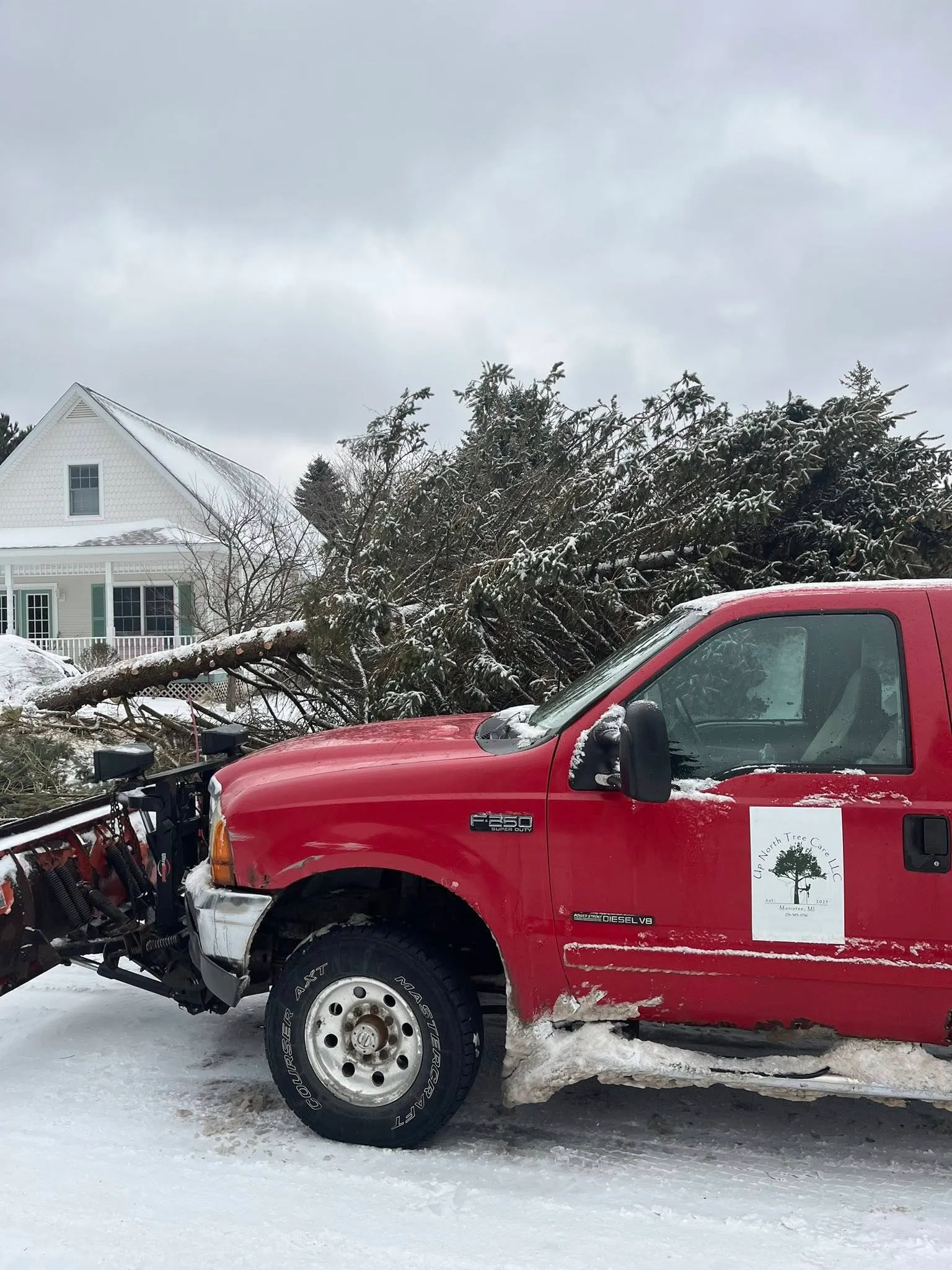 Branded plow truck hauling a tree through the snow in Manistee, MI